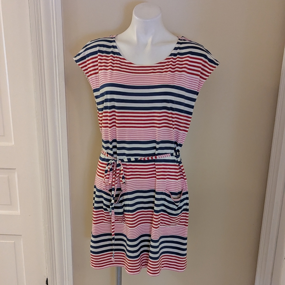 Boden white, pink, red and blue dress with tie belt size L